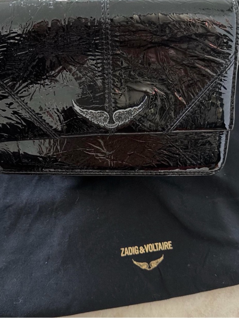 Zadig & Voltaire Black Patent Leather Wing-Detail Clutch